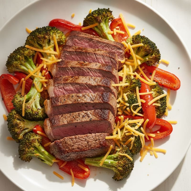 Seared Steak with Roasted Vegetables and Shredded Cheddar