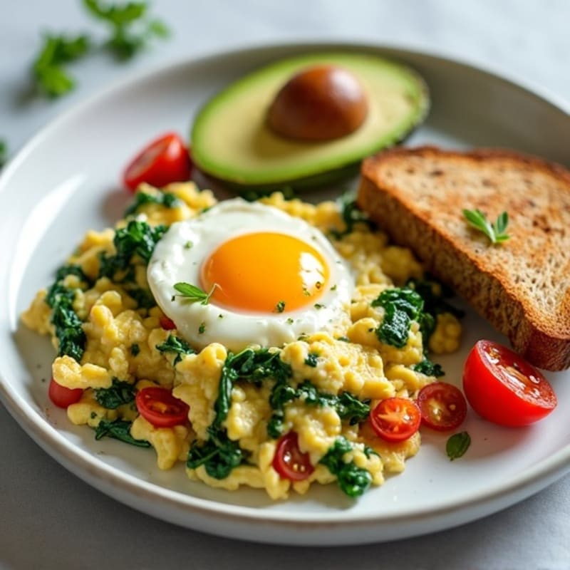 Egg White Spinach Scramble with Cottage Cheese and Cherry Tomatoes