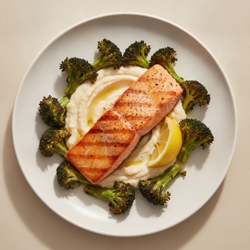 Seared Salmon with Creamy White Bean Mash and Roasted Broccoli