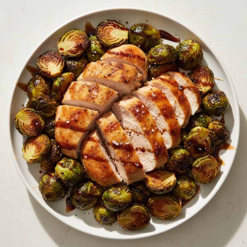 Crispy Balsamic-Glazed Brussels Sprouts with Roasted Chicken