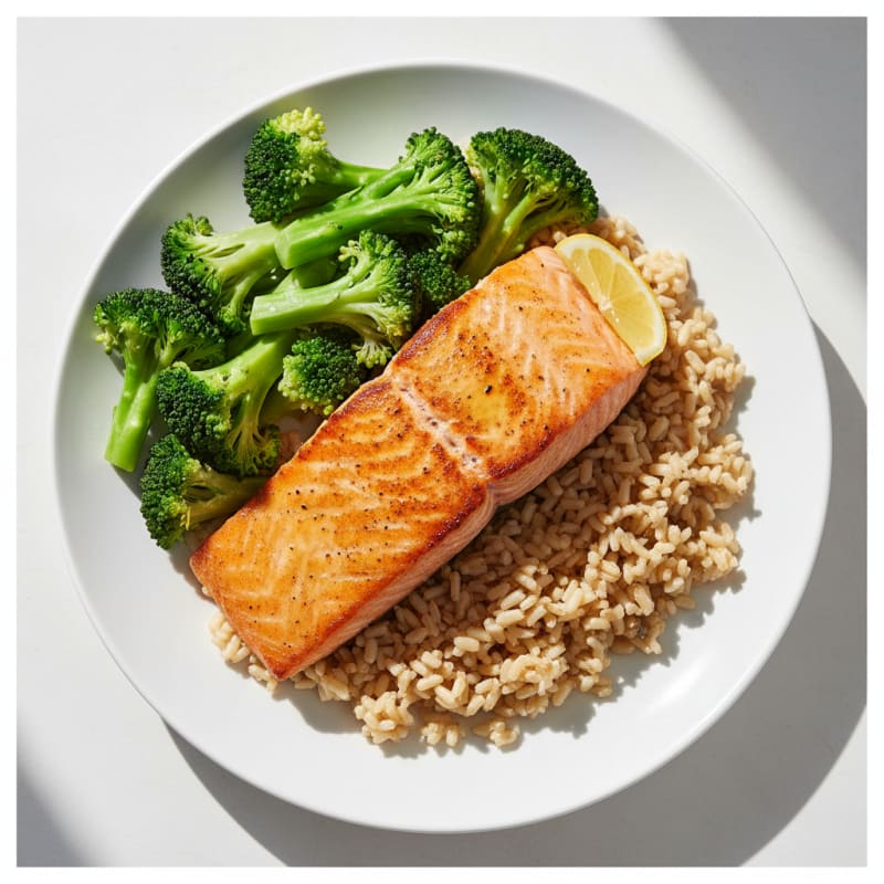 Seared Salmon with Steamed Broccoli and Brown Rice
