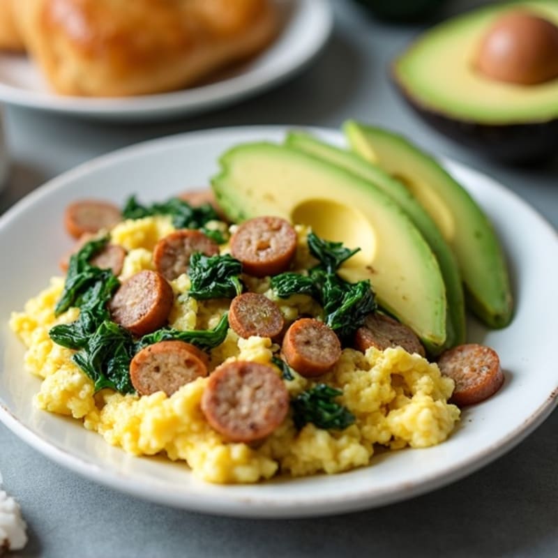 Egg White Scramble with Turkey Sausage and Sautéed Spinach