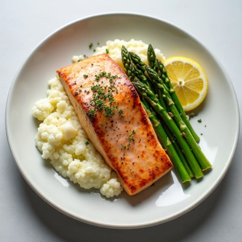 Seared Salmon Fillet with Steamed Asparagus and Cauliflower Mash