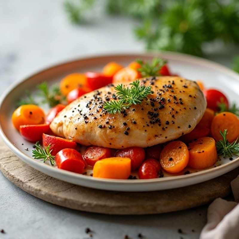 Herb-Roasted Chicken Breast with Sweet Potatoes and Crispy Bell Peppers and Carrots