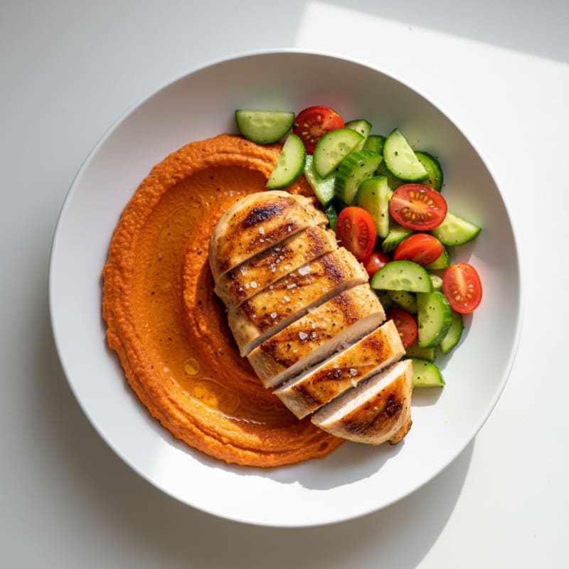 Pan-Seared Chicken with Silky Roasted Red Pepper Hummus