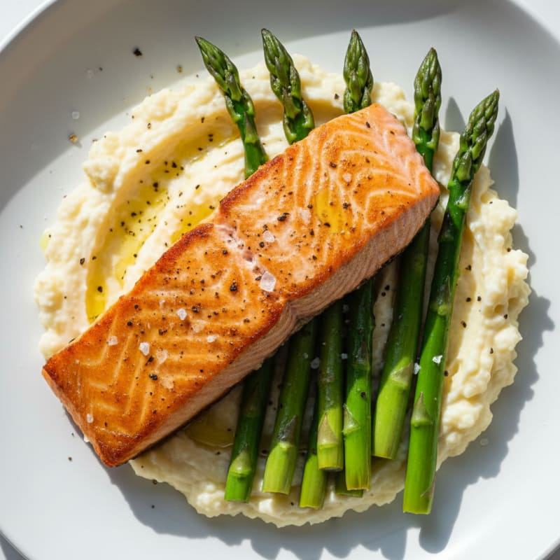 Seared Salmon with Steamed Asparagus and Cauliflower Mash