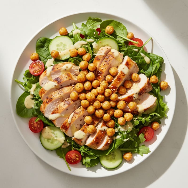 Grilled Turkey Breast Salad with Crunchy Chickpeas and Lemon-Tahini Dressing