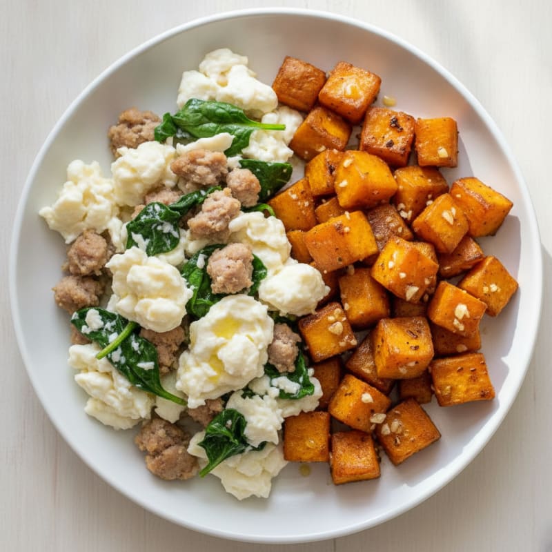 Egg White and Turkey Sausage Scramble with Spinach and Roasted Sweet Potatoes