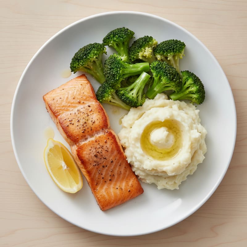 Seared Salmon with Steamed Broccoli and Garlic Mashed Potatoes