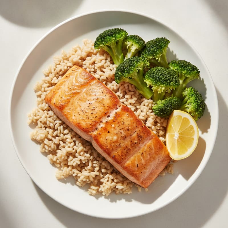 Seared Salmon with Steamed Broccoli and Brown Rice