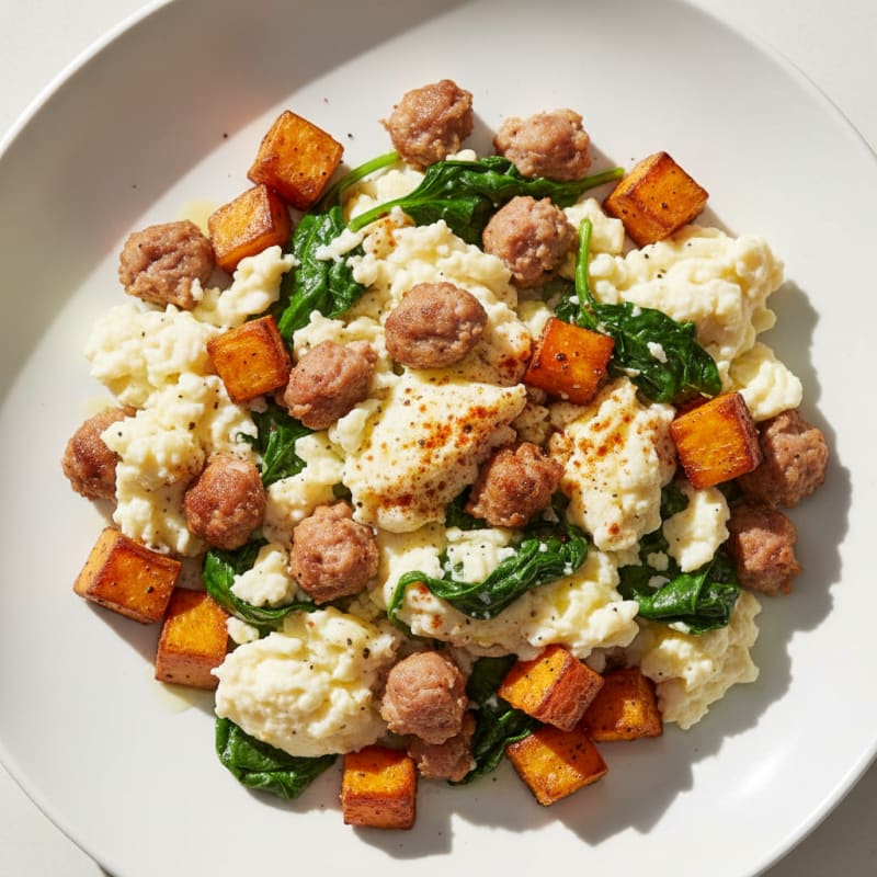 Egg White and Turkey Sausage Scramble with Spinach and Sweet Potato