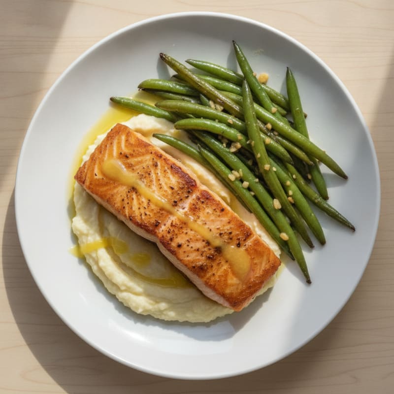 Seared Salmon with Garlic Green Beans and Cauliflower Mash