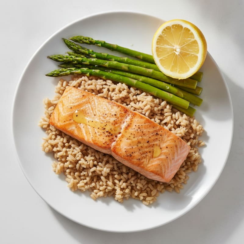 Seared Salmon with Steamed Asparagus and Brown Rice
