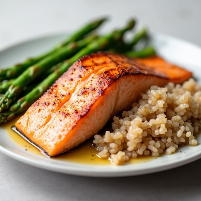 Seared Salmon Fillet with Steamed Asparagus and Brown Rice