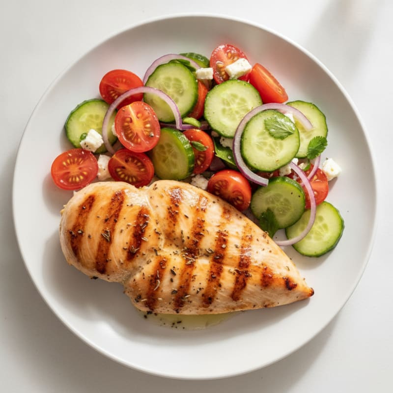 Grilled Chicken Breast with Fresh Tomato Cucumber Salad