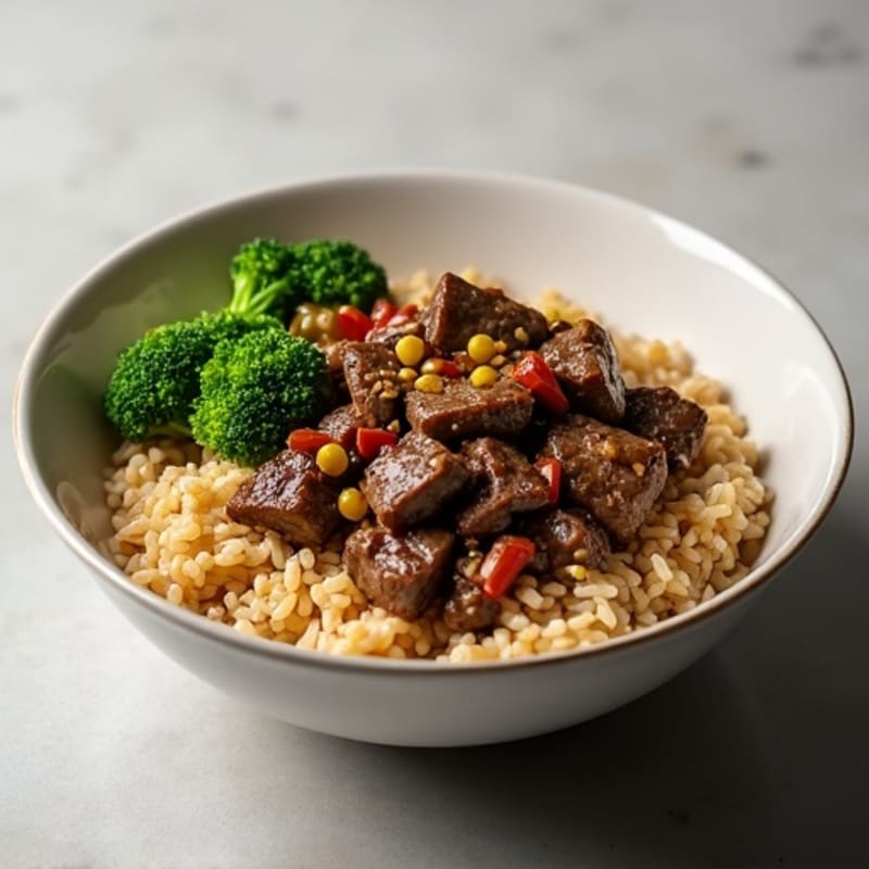 Lean Garlic-Ginger Stir-Fried Beef and Crispy Broccoli Rice Bowl