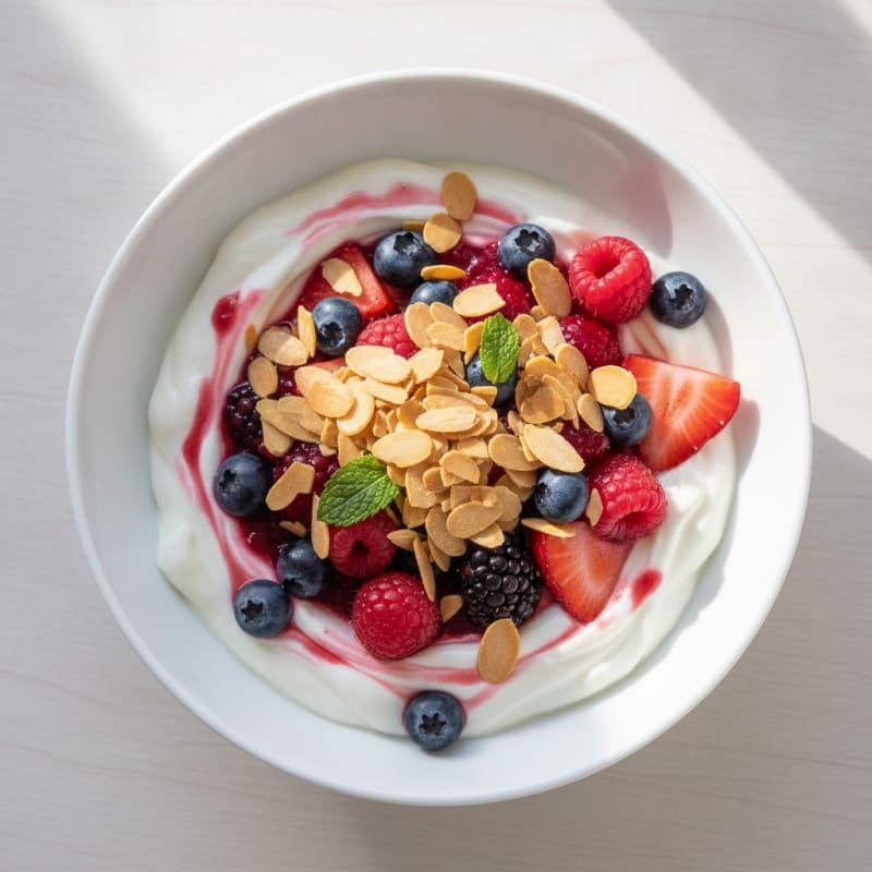 Greek Yogurt Protein Parfait with Mixed Berries and Almonds