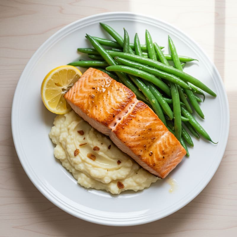 Seared Salmon with Steamed Green Beans and Garlic Mashed Cauliflower