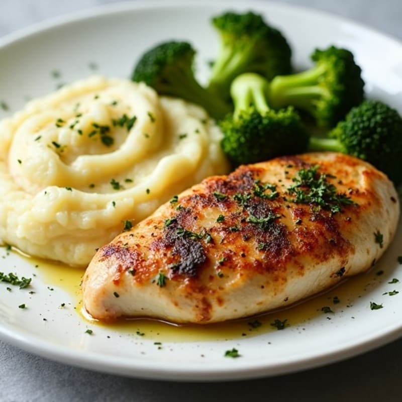 Herb-Roasted Chicken Breast with Creamy Garlic Mashed Potatoes and Crispy Roasted Broccoli