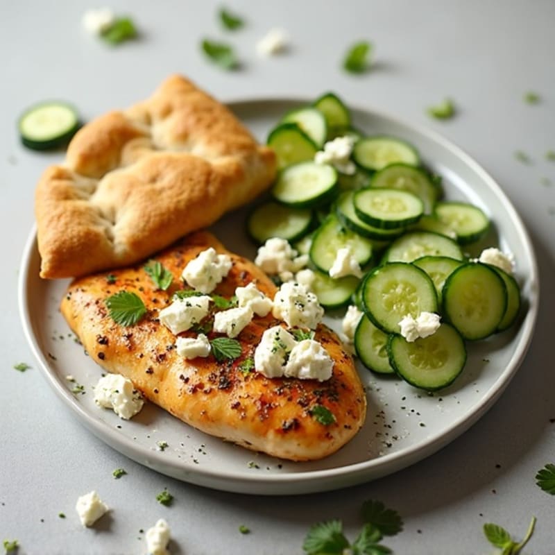 Lemon-Herb Chicken with Crumbled Feta, Crunchy Cucumber Salad, and Warm Pita