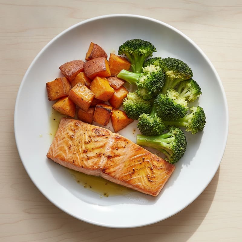 Seared Salmon with Roasted Sweet Potatoes and Steamed Broccoli