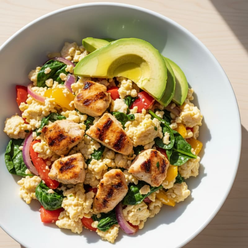 Egg White Veggie Scramble with Grilled Chicken
