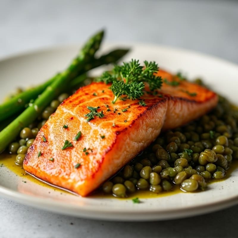 Seared Salmon with Herbed Lentils and Steamed Asparagus