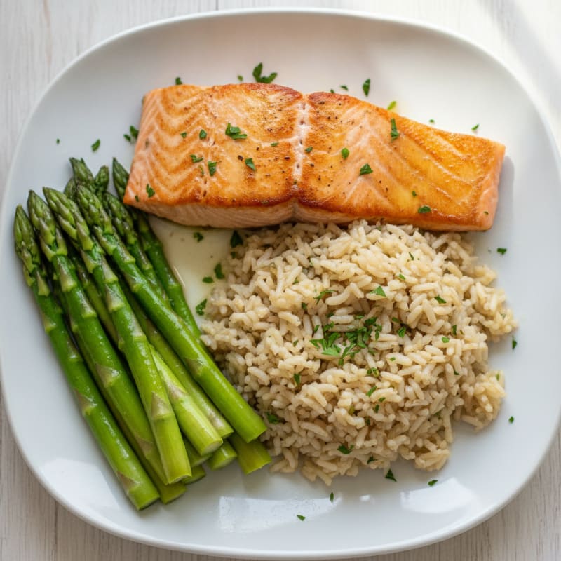 Seared Salmon with Steamed Asparagus and Herb Brown Rice