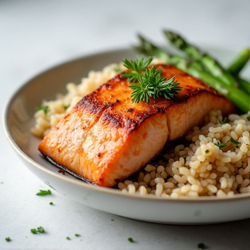 Seared Salmon with Steamed Asparagus and Brown Rice