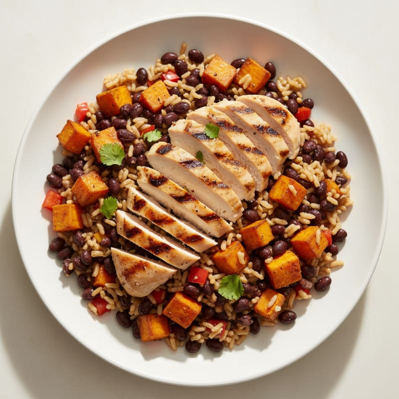 Grilled Chicken and Black Bean Rice Bowl with Roasted Sweet Potato