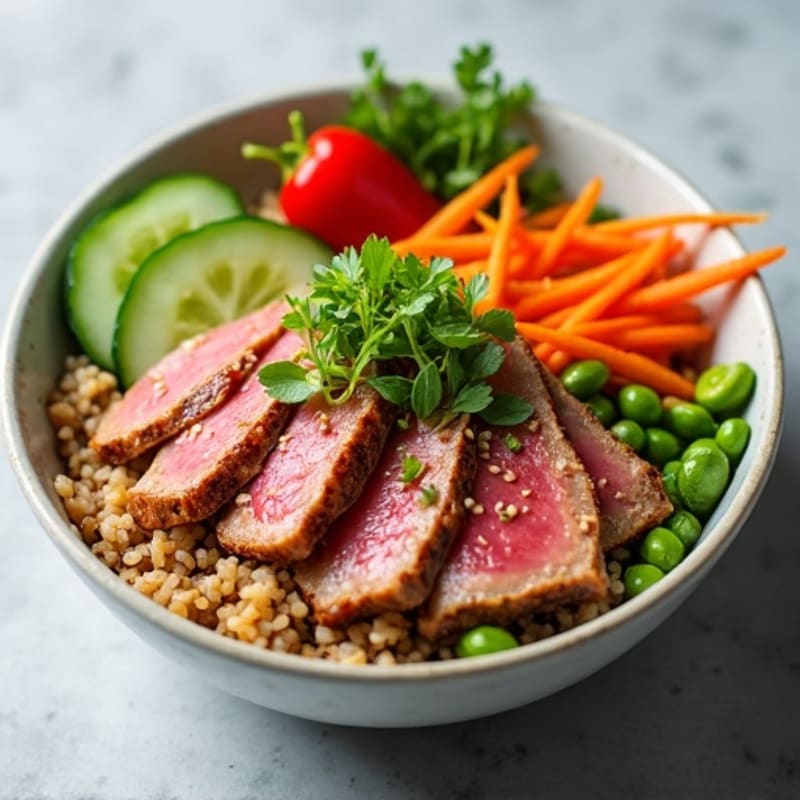Fresh Tuna and Crispy Vegetable Rice Bowl with Sesame-Ginger Dressing
