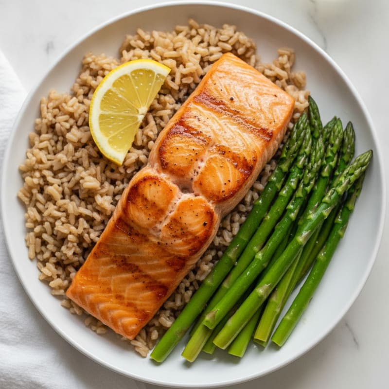 Seared Salmon with Steamed Asparagus and Brown Rice
