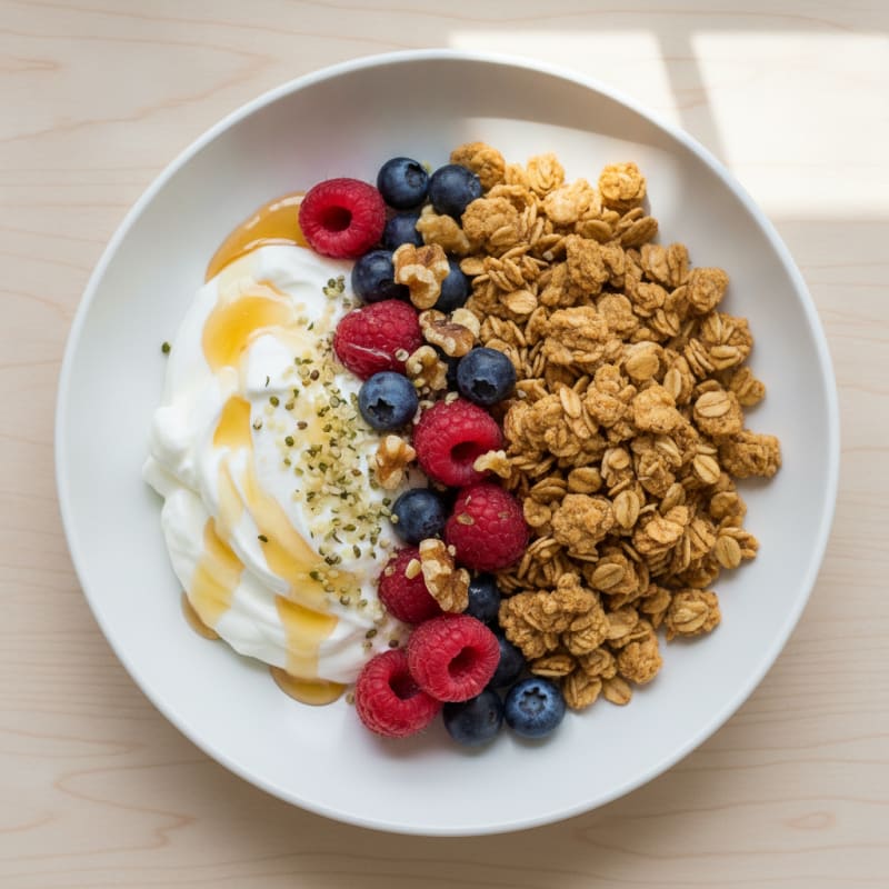 Silky Greek Yogurt Parfait with Protein Granola and Mixed Berries