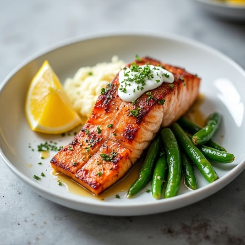 Seared Salmon Fillet with Steamed Green Beans and Cauliflower Mash
