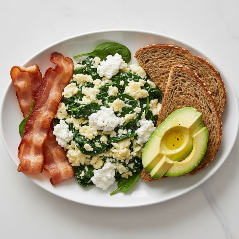 Egg White and Spinach Scramble with Cottage Cheese and Turkey Bacon