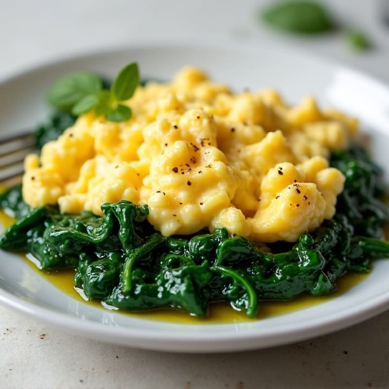 Scrambled Eggs with Cottage Cheese and Sautéed Spinach
