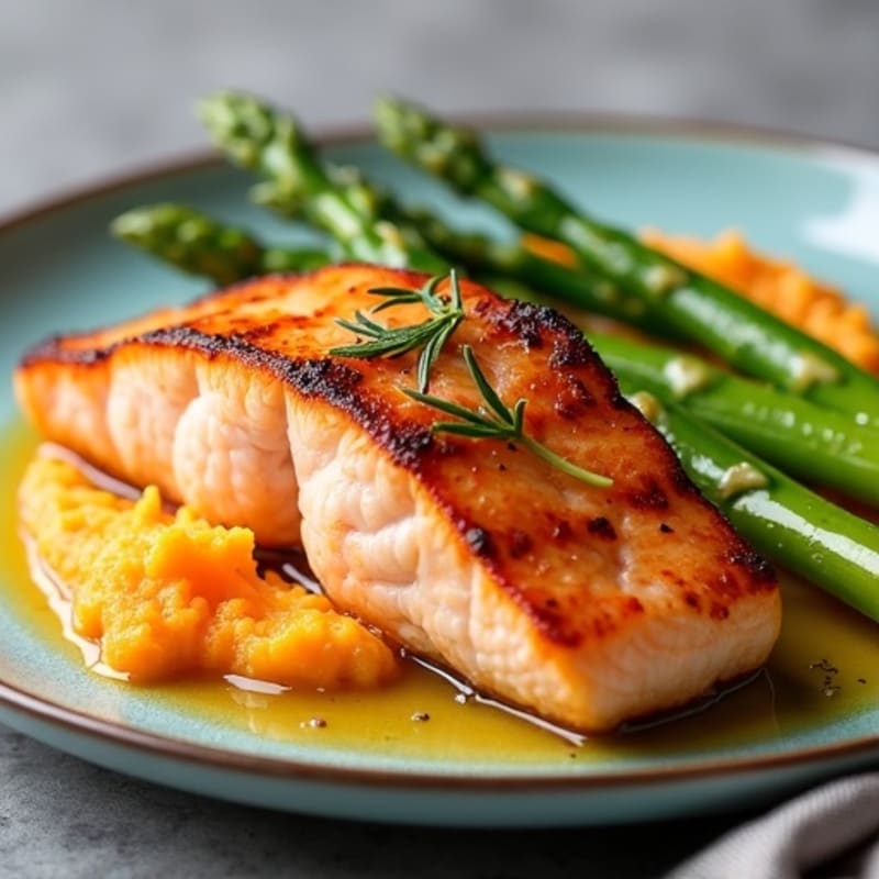 Seared Salmon Fillet with Steamed Asparagus and Sweet Potato Mash