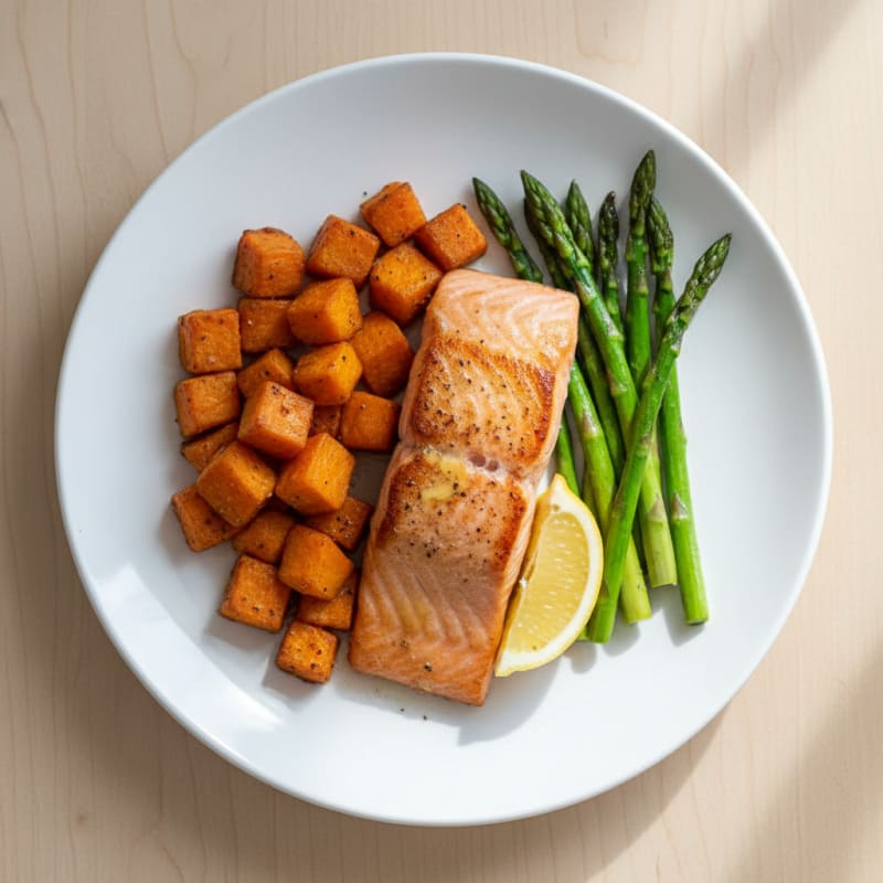 Seared Salmon with Roasted Sweet Potato and Asparagus