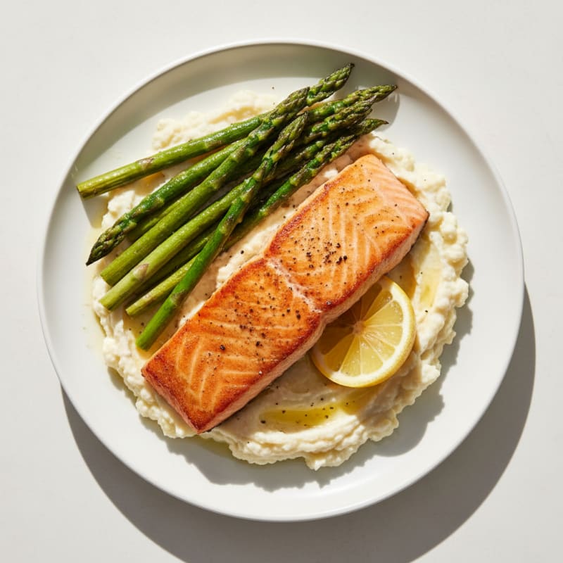 Seared Salmon with Roasted Asparagus and Cauliflower Mash