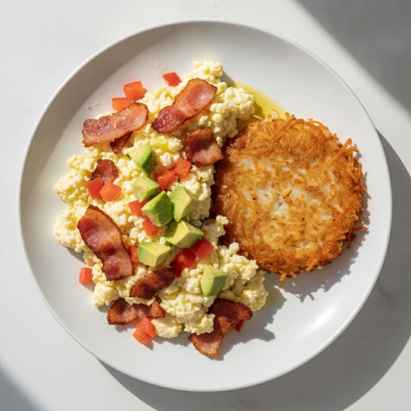Crispy Turkey Bacon and Egg White Scramble with Hash Browns