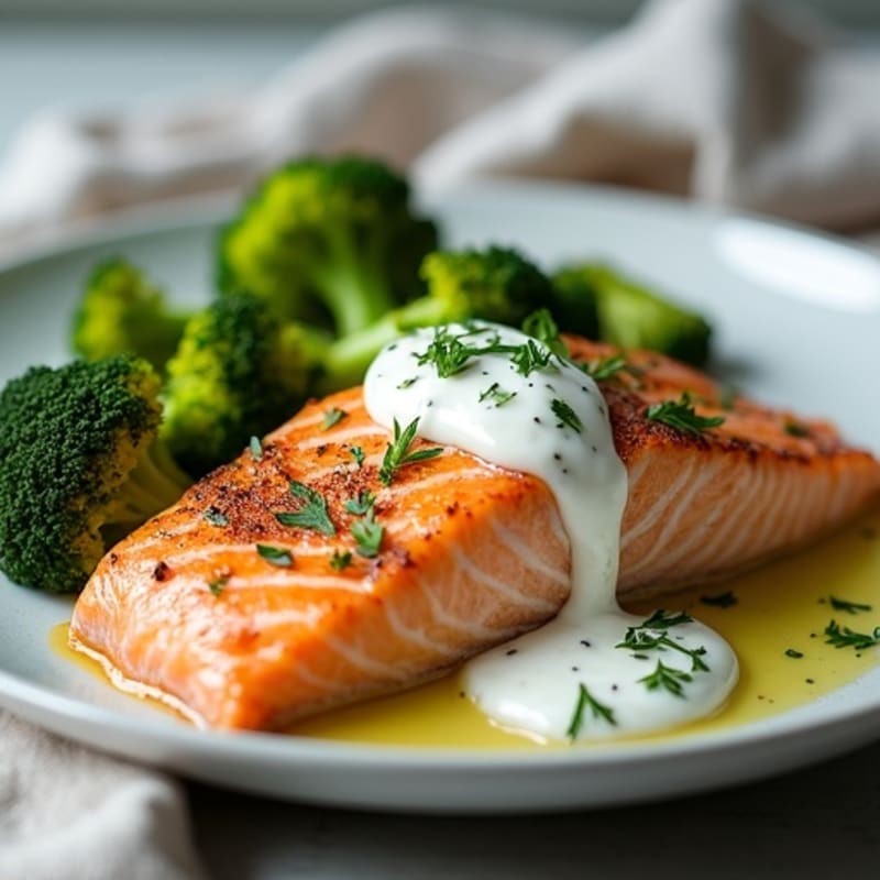 Herb-Seared Salmon with Roasted Broccoli and Garlic Yogurt Sauce
