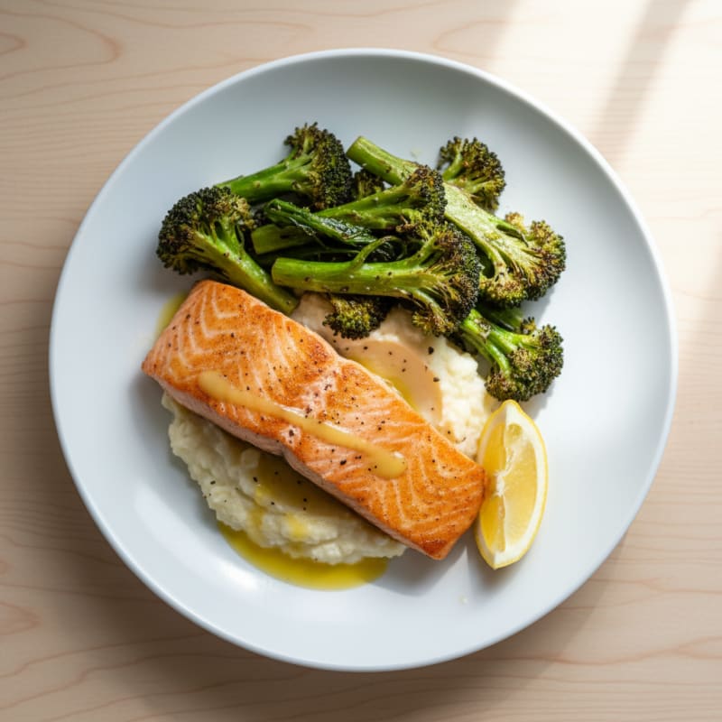 Seared Salmon with Roasted Broccoli and Garlic Mashed Cauliflower