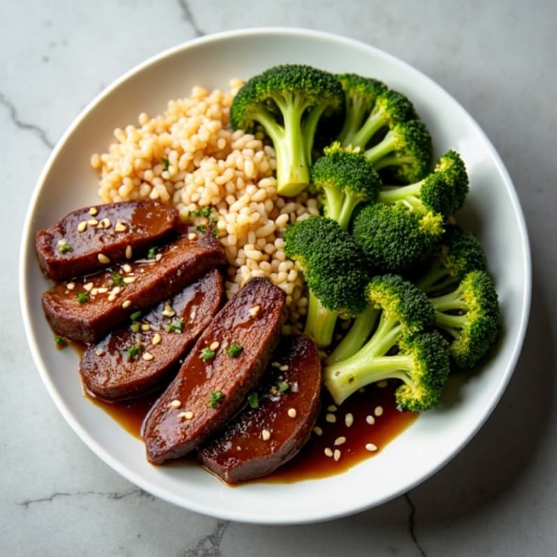 Savory Garlic-Ginger Beef and Crispy Broccoli with Brown Rice
