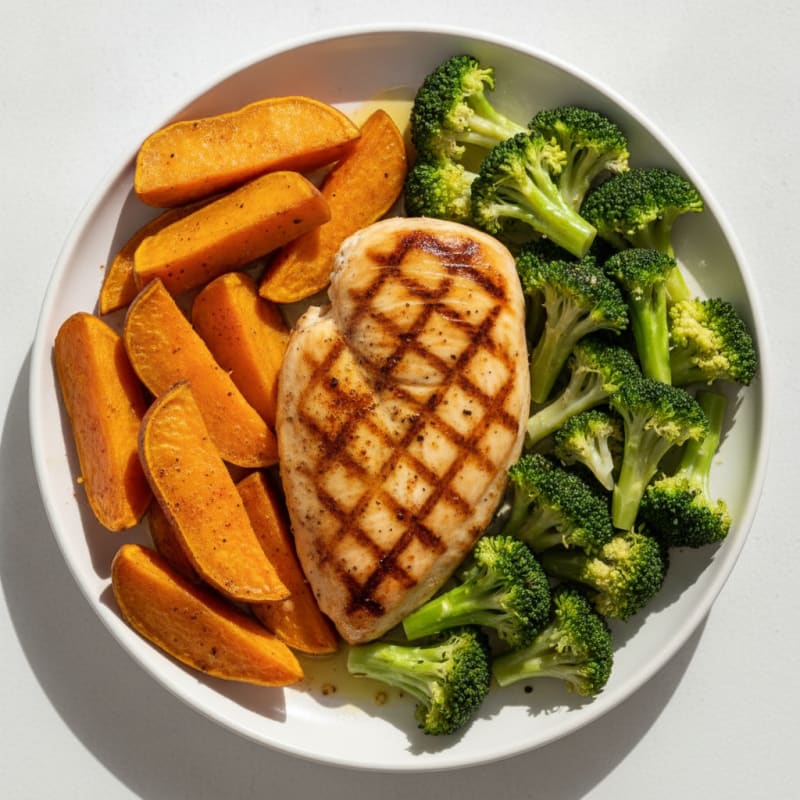 Grilled Chicken Breast with Roasted Sweet Potato and Steamed Broccoli