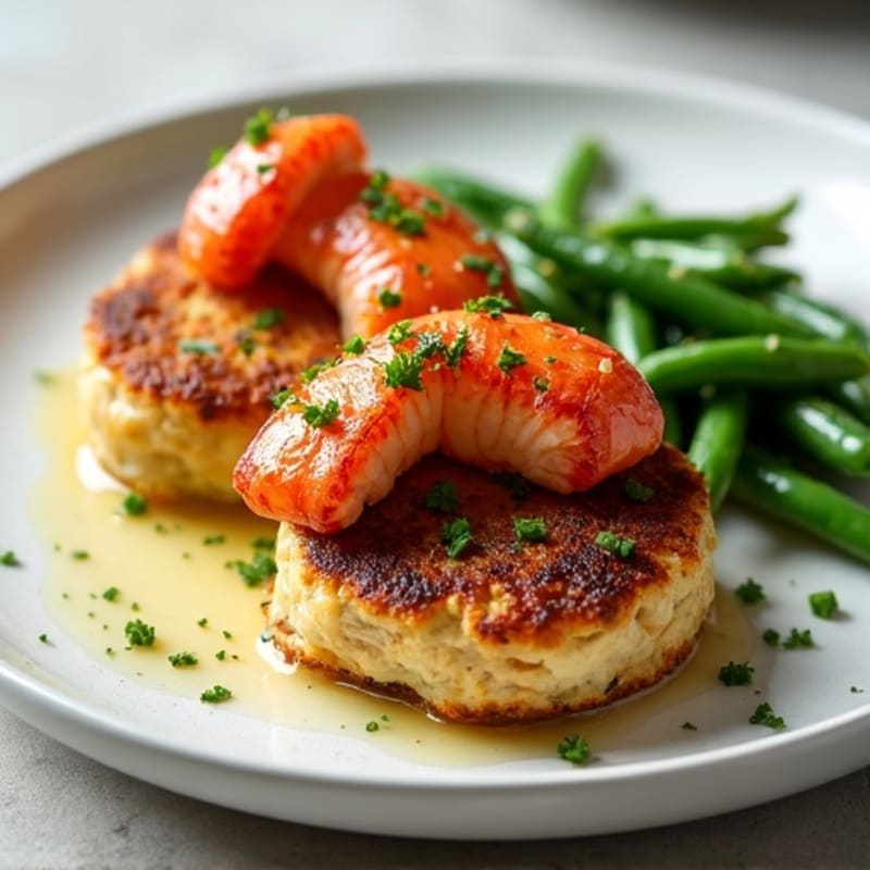 Pan-Seared Lobster Tail and Herb Chicken Patty with Crispy Roasted Green Beans