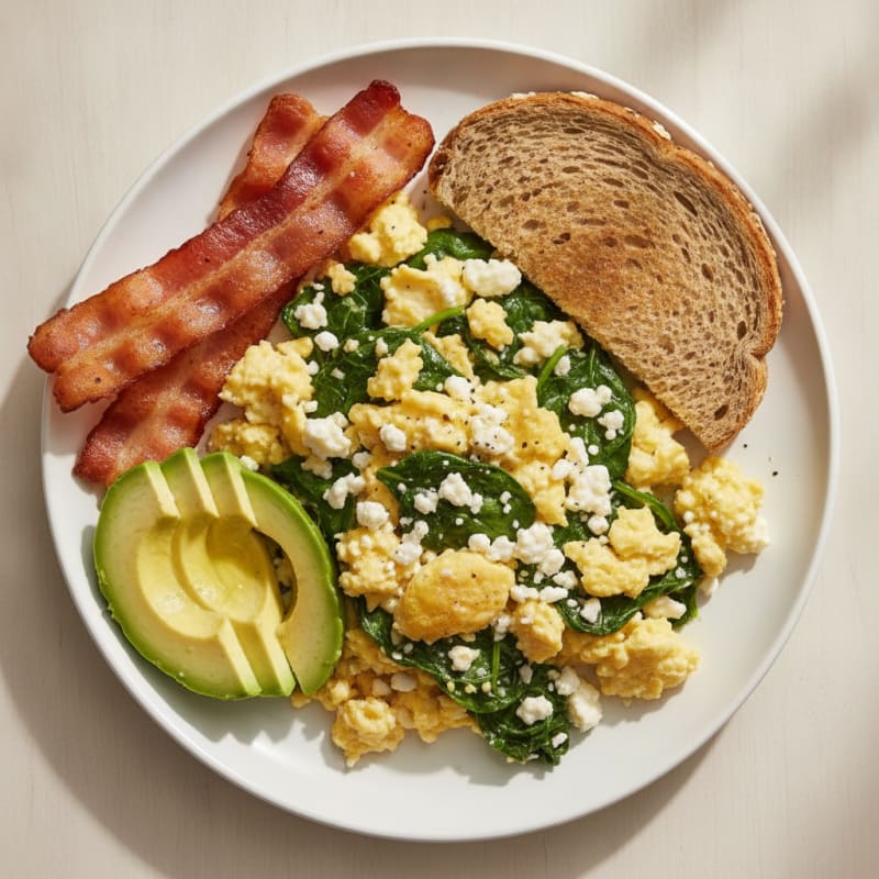 Cottage Cheese Scramble with Spinach and Turkey Bacon