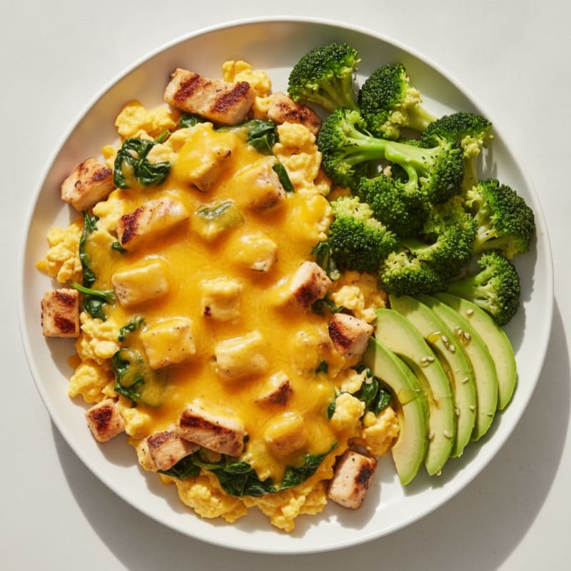 Cheesy Scrambled Eggs with Grilled Chicken and Spinach