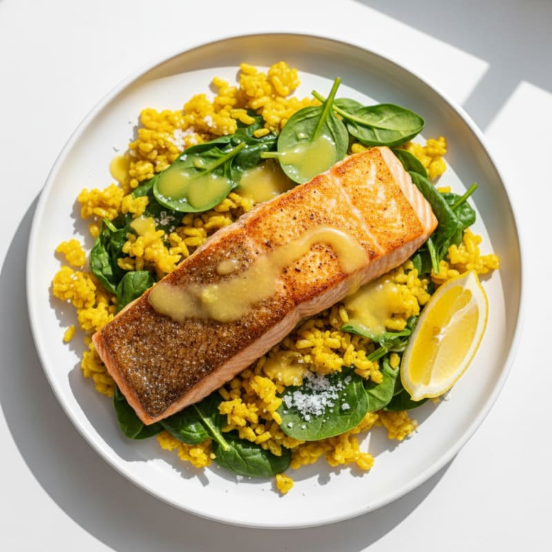 Golden Pan-Seared Salmon with Crispy Rice