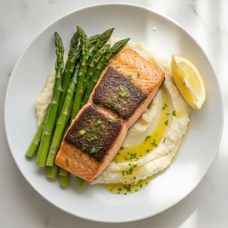 Seared Salmon Fillet with Steamed Asparagus and Cauliflower Mash