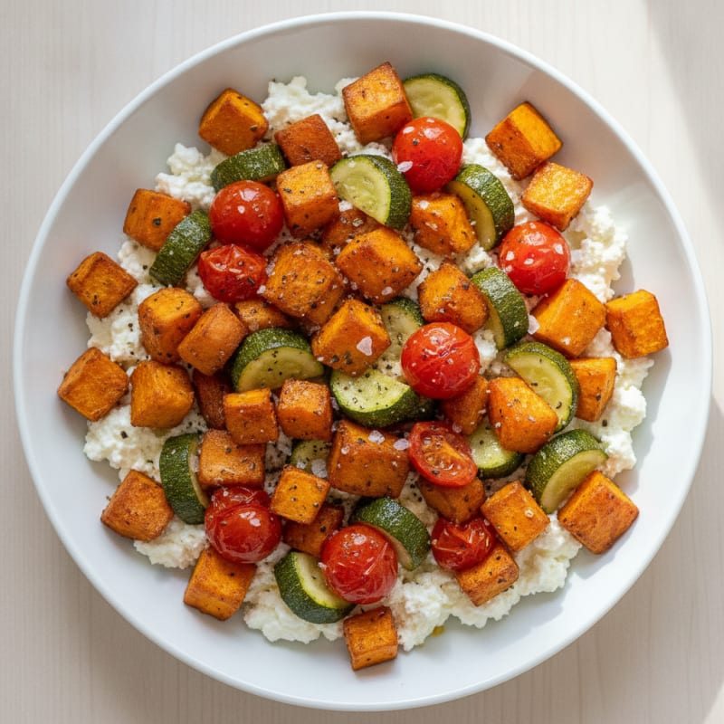 Roasted Vegetable and Sweet Potato Cottage Cheese Bowl